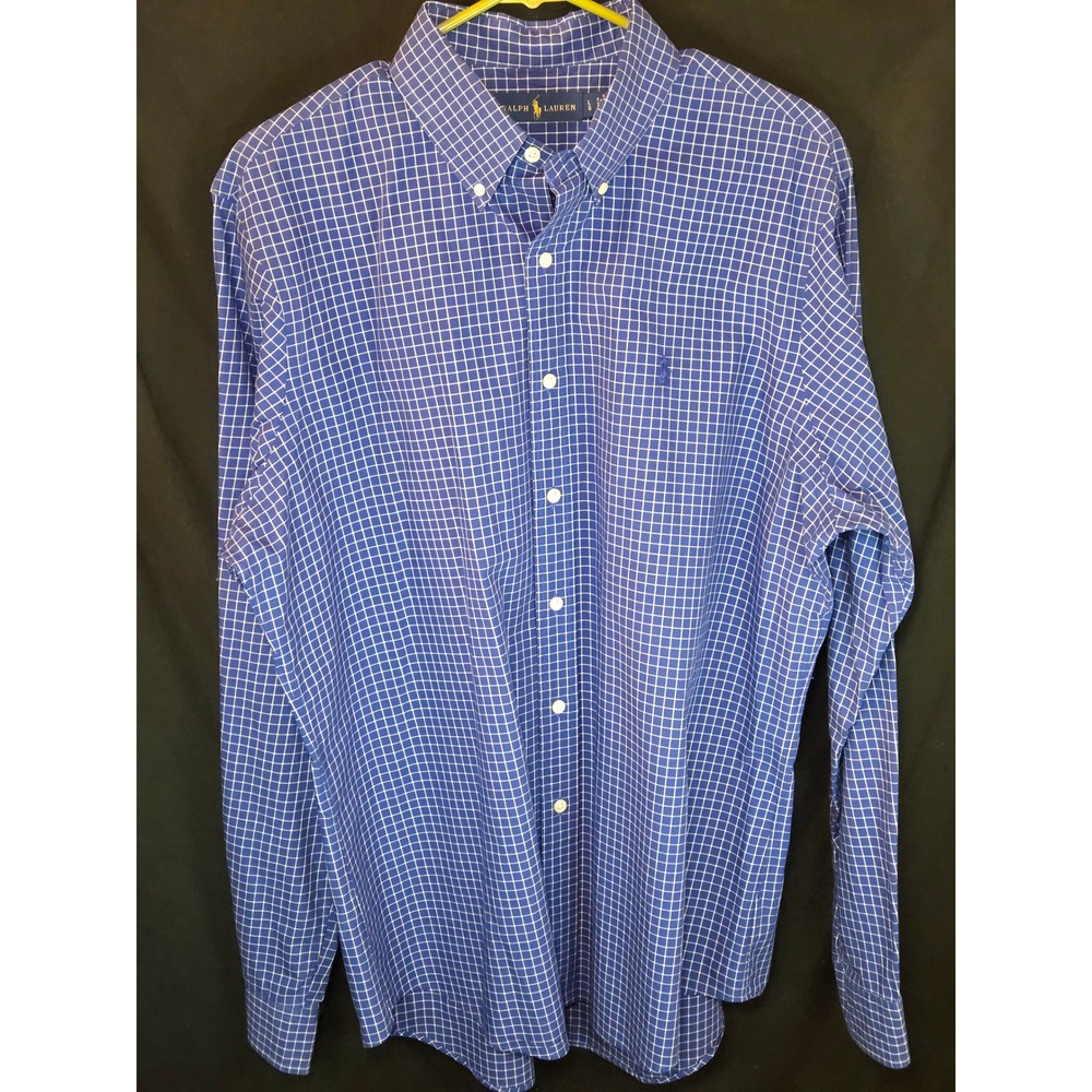 Ralph Lauren Mens Large Blue White Windowpane Check Cotton Button Down Shirt LG